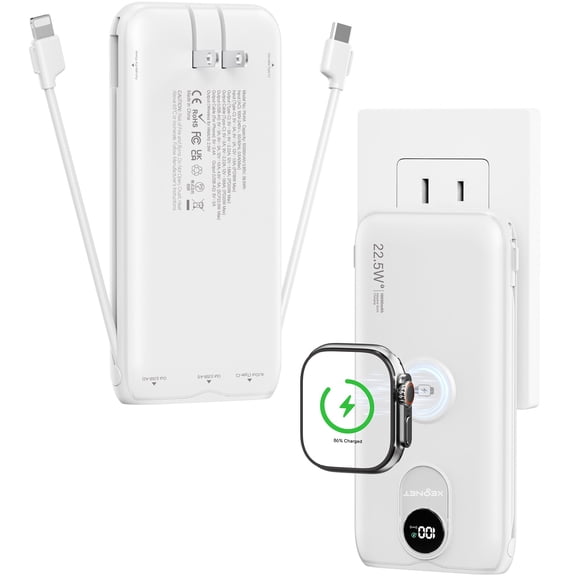 Portable Charger, 10000mAh 22.5W Power Bank Fast Charging with Built in Cable & Wall Plug, Portable Phone Charger with Led Display, Travel Essentials Battery Pack for iPhone 17/16, iWatch 11/Ultra/SE