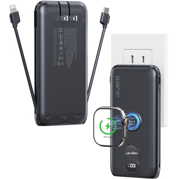 Portable Charger, 10000mAh 22.5W Power Bank Fast Charging with Built in Cable & Wall Plug, Portable Phone Charger with Led Display, Travel Essentials Battery Pack for iPhone 17/16, iWatch 11/Ultra/SE