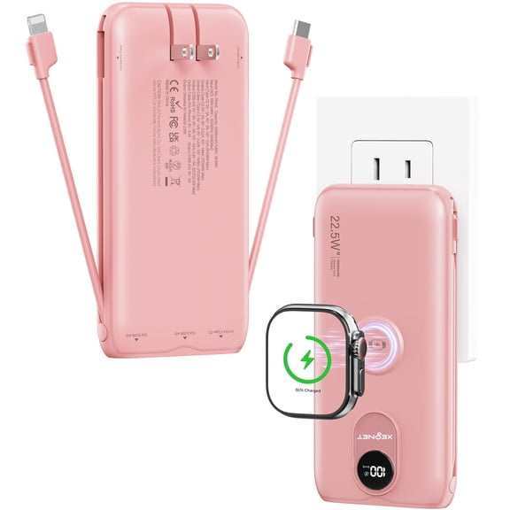 Portable Charger, 10000mAh 22.5W Power Bank Fast Charging with Built in Cable & Wall Plug, Portable Phone Charger with Led Display, Travel Essentials Battery Pack for iPhone 17/16, iWatch 11/Ultra/SE