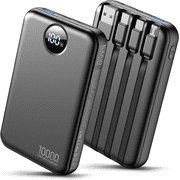 Portable Charger 10000mAh with 4 Built-in Cables 40% Smaller Power Bank Fast Charging Battery Pack,LED Display Compact with Travel Charger for iPhone Other Devices-Black