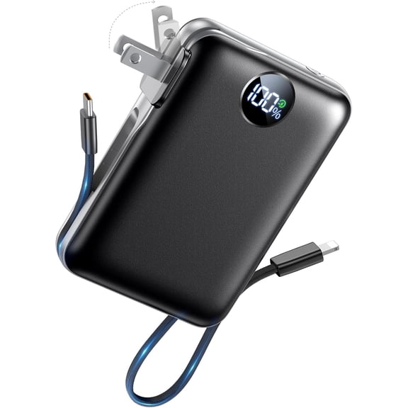 Portable Charger 10000mAh, 45% Smaller Power Bank with Built-in Cables & AC Wall Plug, 22.5W Fast Charging 4 Outputs, Slim Travel Battery Pack with LED Display for iPhone, ipad, Samsung, Black