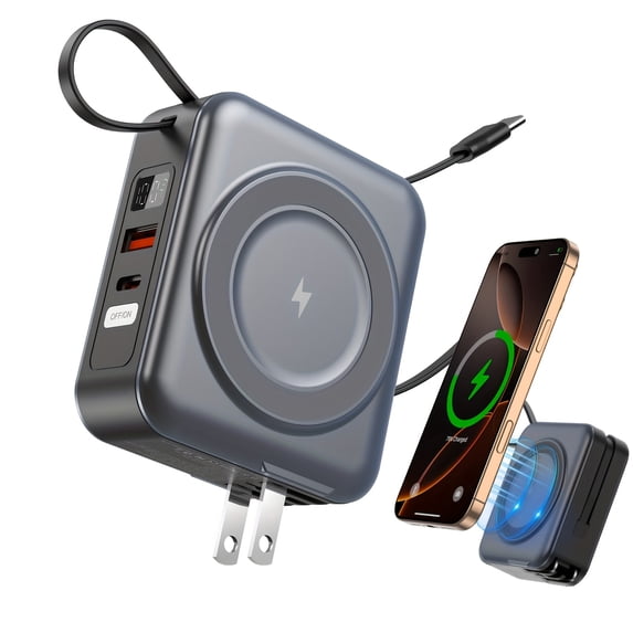 Portable Charger, 10000mAh Magnetic Wireless Power Bank with Built-in Cables & AC Wall Plug, 22.5W Fast Charging for iPhone 17/16/15/14/13/12, Type-C Input/Output, Portable Battery Pack