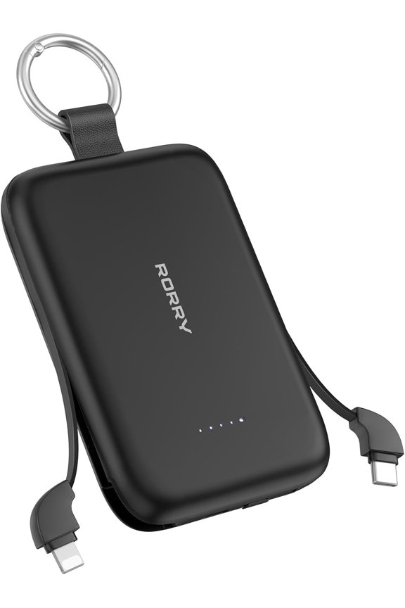 Portable Charger, 10000mAh PD 30W Fast Charging Portable Charger Power Bank with Built-in Cables, Travel Keychain Charger Battery Pack for iPhone 17/16/15/14/13/12, for AirPods 2/3/4/Pro, Black