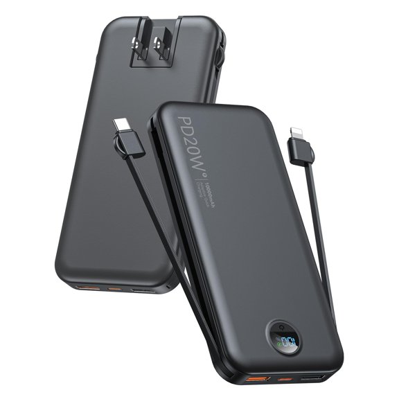 Portable Charger, 10000mAh PD20W Fast Charging Power Bank with Built-in Cables & Wall Plug, External Battery Pack with LED Display, Travel Essentials Battery Bank for iPhone, iPad, Samsung Matte Blac