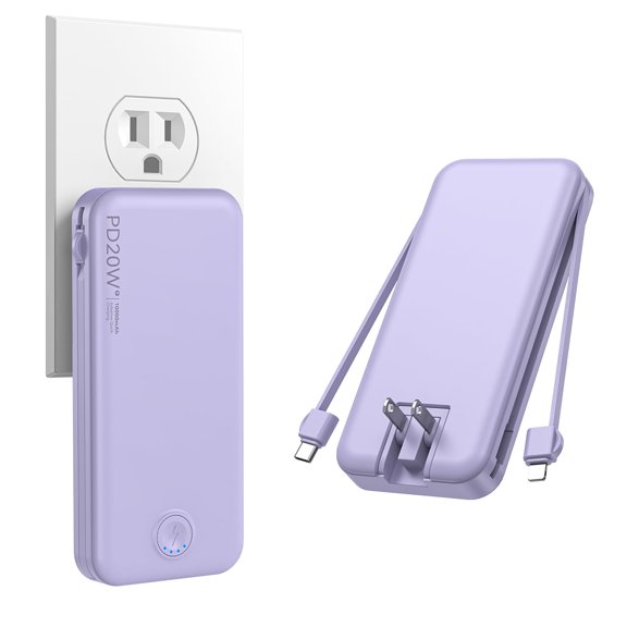 Portable Charger, 10000mAh PD20W Fast Charging Power Bank with Built-in Cables & Wall Plug, Travel Essential External Battery Pack, USB C Battery Phone Charger for iPhone, iPad, Samsung Purple