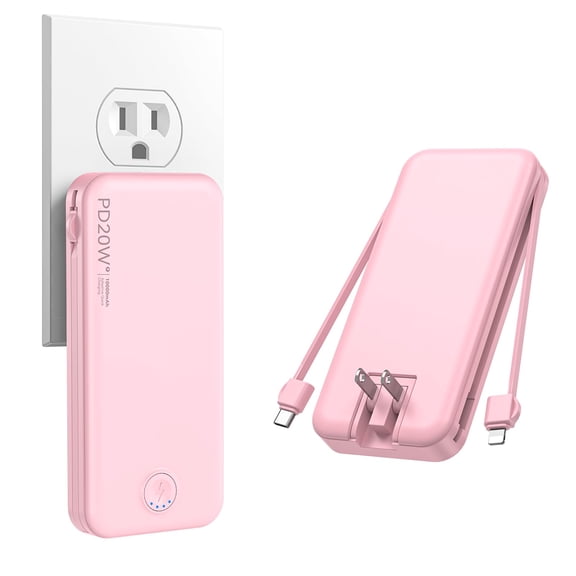 Portable Charger, 10000mAh PD20W Fast Charging Power Bank with Built-in Cables & Wall Plug, Travel Essentials External Battery Pack, USB C Battery Phone Charger for iPhone, iPad, Samsung Pink