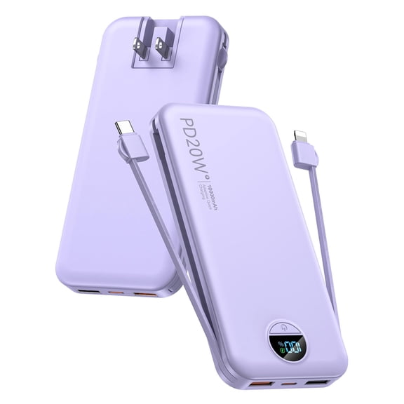 Portable Charger, 10000mAh PD20W USB C Fast Charging Power Bank with Built-in Cables and AC Wall Plug, Smart LED Display Travel Essentials Battery Pack Compatible with iPhone, iPad, Samsung etc Purpl