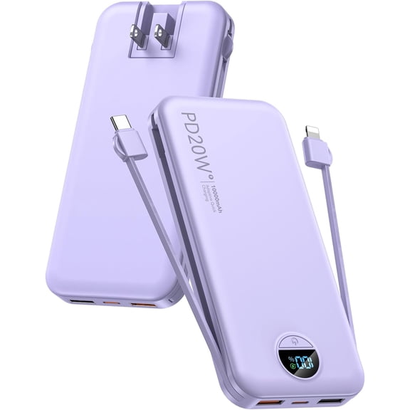 Portable Charger, 10000mAh PD20W USB C Fast Charging Power Bank with Built-in Cables and AC Wall Plug, Smart LED Display Travel Essentials Battery Pack Compatible iPhone, iPad, Samsung etc Purple