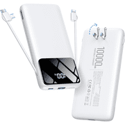 Portable Charger 10000mAh Power Bank with Built-in Cables and Wall Plug Slim Fast Charging USB-C Battery Pack, LED Display Travel Essential Portable Phone Charger for Cell PhonesPearl