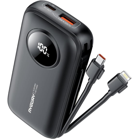 Portable Charger 10000mAh Power Bank,External Battery Phone Charger with 2 Built-in Cables,USB C PD 20W Fast Charging Travel Essentials Battery Pack Compatible with iPhone,iPad,,etc