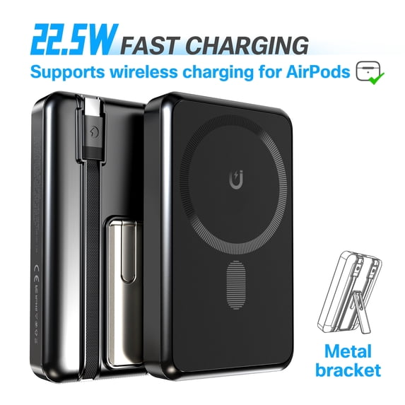 10000mAh Portable Charger,Wireless Power Bank with 22.5W Fast Charging Built-in USB-C Cable and Adjustable Stand, LED Display Battery Pack Compatible with iPhone 17 16 15 14 13 12 Andriod, Black