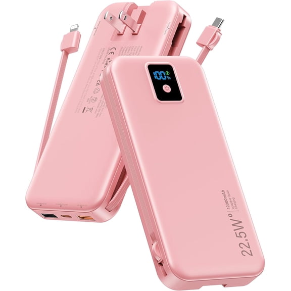 Portable Charger, 12000mAh 22.5W Fast Charging with Built-in Cables & Wall Plug, Travel Essentials Battery Pack with LED Display, USB C External Battery Bank for iPhone iPad, Samsung Pink