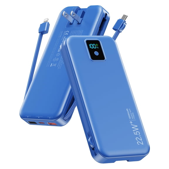 Portable Charger, 12000mAh 22.5W Fast Charging Power Bank with Built-in Cables & Wall Plug, Travel Essentials Battery Pack with LED Display, USB C External Battery Bank for iPhone iPad, Samsung Navy