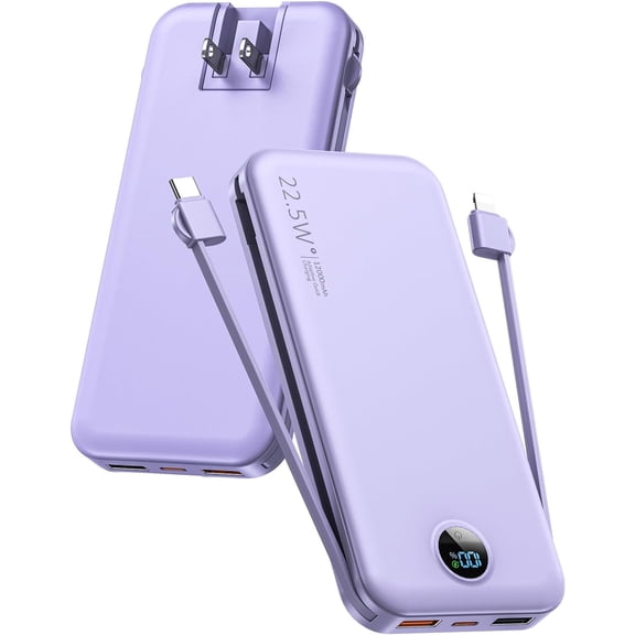 Portable Charger, 12000mAh 22.5W USB C Fast Charging Power Bank with Built-in Cables and AC Wall Plug, Smart LED Display Travel Essentials Battery Pack Compatible iPhone, iPad, Samsung etc Purple
