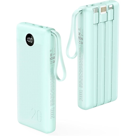 Portable Charger 20000mAh, Built-in Cables Fast Charging Power Bank, PD QC 3.0 Travel Essentials Battery Pack, 4 Output & 2 Input Phone Charger for iPhone16 15 14 13 X, Samsung, Android-Green
