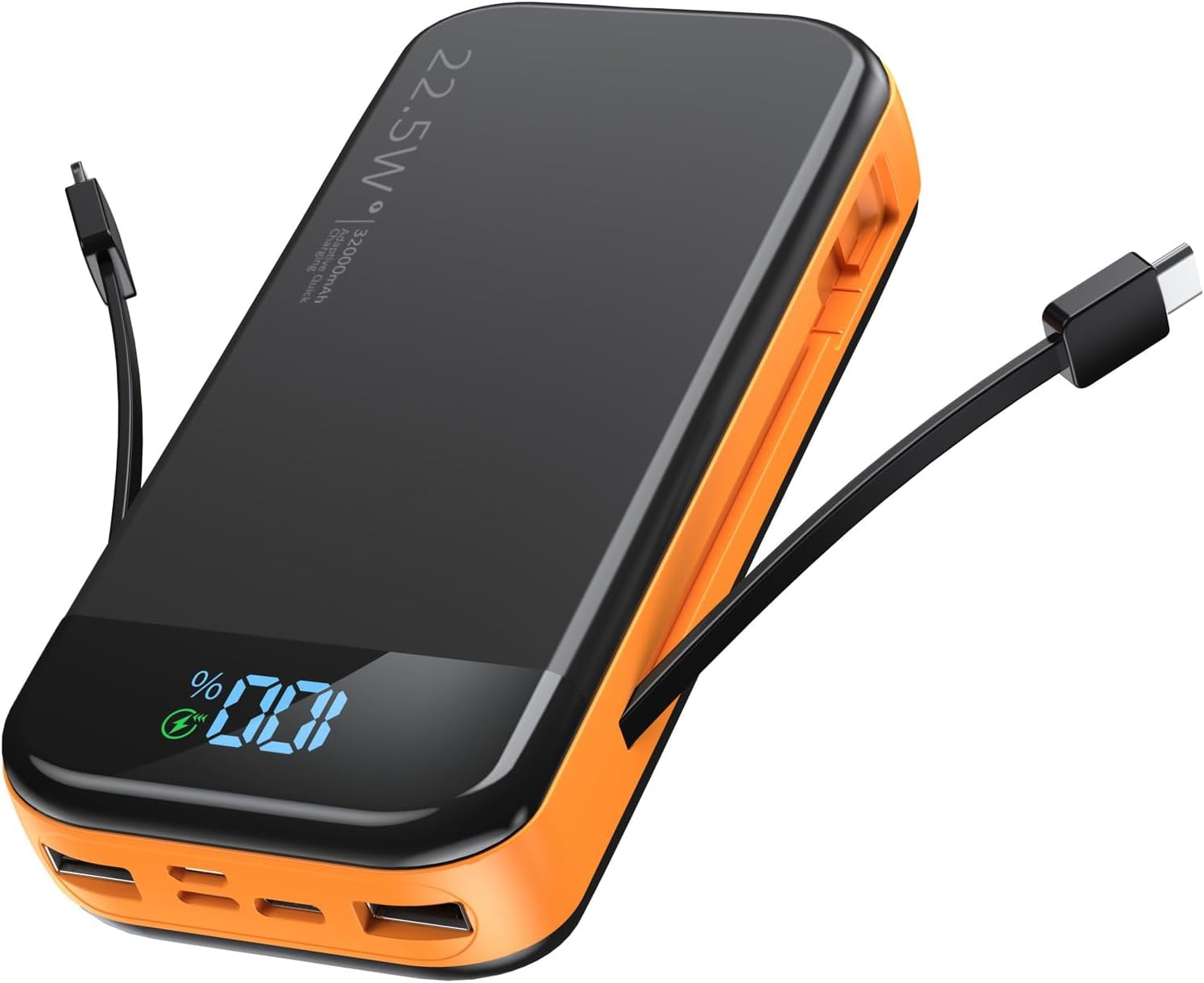 Portable Charger 32000mAh, 22.5W C 3.0 PD 20W Smart LED Display Fast Charging Built in Cables Power Bank, External Battery Pack Charge 5 Devices Compatible with Cellphones (Orange)