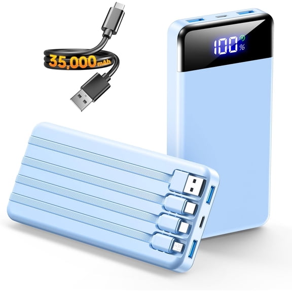 Portable Charger 35000mAh Power Bank - Powerbank with 4 Built in Cables, 22.5W Fast Charging Travel Camping Essential Battery Pack Compatible with iPhone 17 16 15 14 13 Samsung Google, 1 Pack, Azure