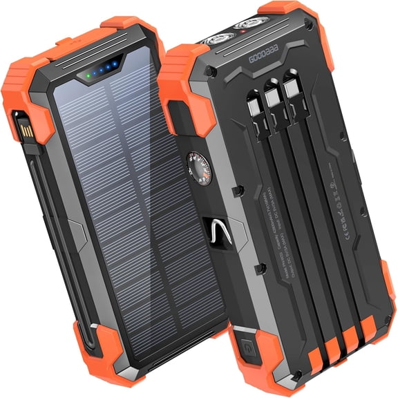 Portable Charger 42800mAh Built in 4 Cables and rmometer 15W Fast Charging Power Bank Five Outputs Three Inputs Solar Bank, SOS/Strobe/Strong Flashlights, Carabiner