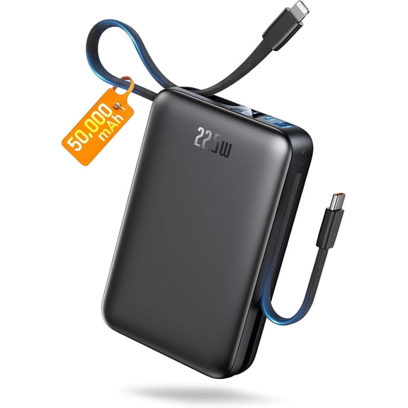 Portable Charger 50000mAh Power Bank,Portable Phone with 2 Built in Cables,22.5W Fast Charging Travel Essentials Battery Pack for iPhone/iPad/MacBook/Android/Samsung Galaxy,Carbon Black