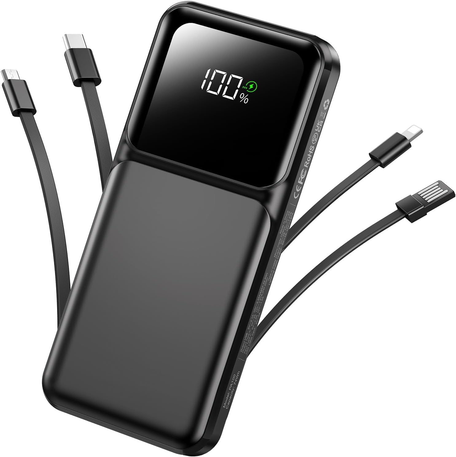 Portable Charger with Built in Cable -20000mAh Fast Charging Power Bank USB C Slim 22.5W LED Display Battery Pack 5 Outputs & 3 Inputs for Travel Essentials iPhone Phones
