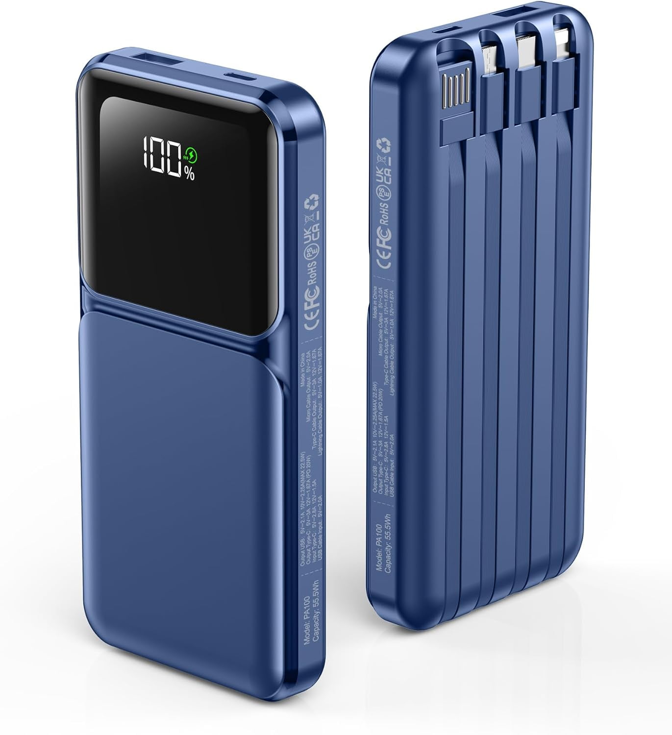 Portable Charger with Built in Cable - Power Bank Fast Charging USB C LED Display 10000mah Battery Pack 5 Outputs & 3 Inputs for Travel Essentials iPhone Samsung Android Phones Tablets Blue