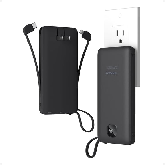 Portable Charger with Built in Cables, 10000mAh Power Bank Fast Charging with Foldable AC Plug, PD20W Compact Battery Pack Travel Essentials for iPhone 17/16/15 Series, Samsung, Tablets, Black