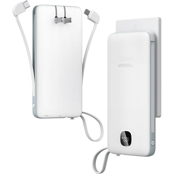 Portable Charger with Built in Cables, 10000mAh Power Bank Fast Charging with Foldable Wall Plug Charger, PD20W Compact Battery Pack Travel Essentials for iPhone 17/16/15 Series,Samsung,Tablets