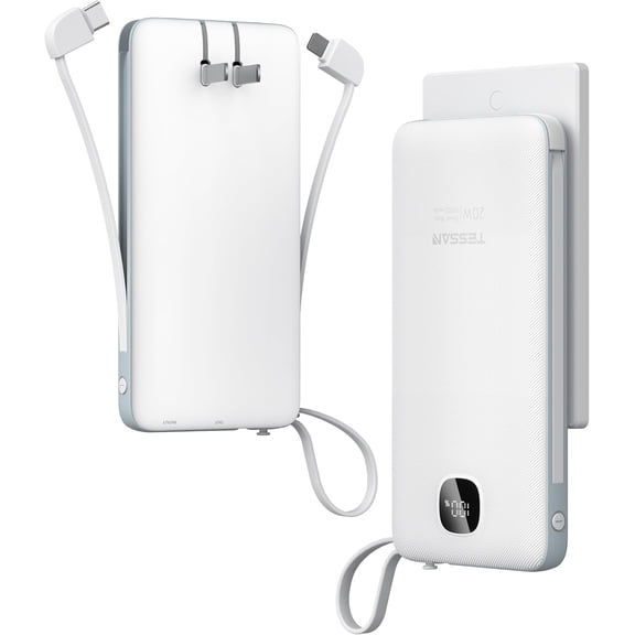 Portable Charger with Built in Cables, 10000mAh Power Bank Fast Charging with Foldable Wall Plug Charger, PD20W Compact Battery Pack Travel Essentials for iPhone 17/16/15 Series,Samsung,Tablets