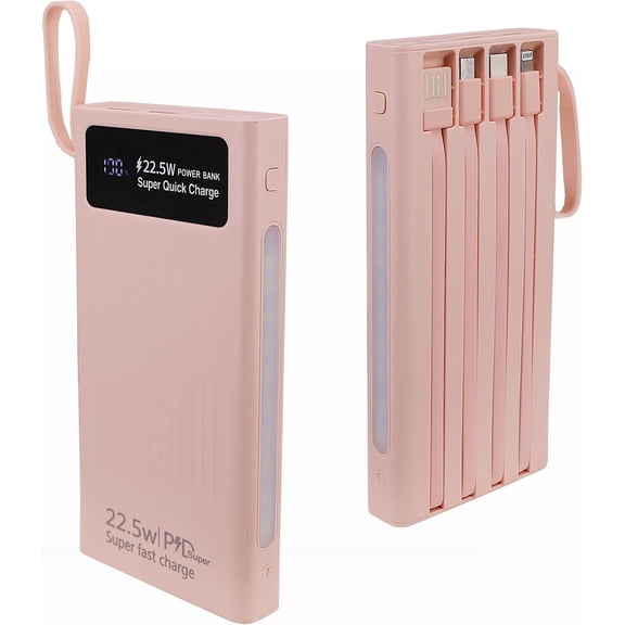 Portable Charger with Built in Cables,10000mAh Power Bank with LED Lamp Fast Charging 3.0 USB C External Battery Pack Phone Charger with LED Display for iPhone, Samsung and Cell Phones (Pink)