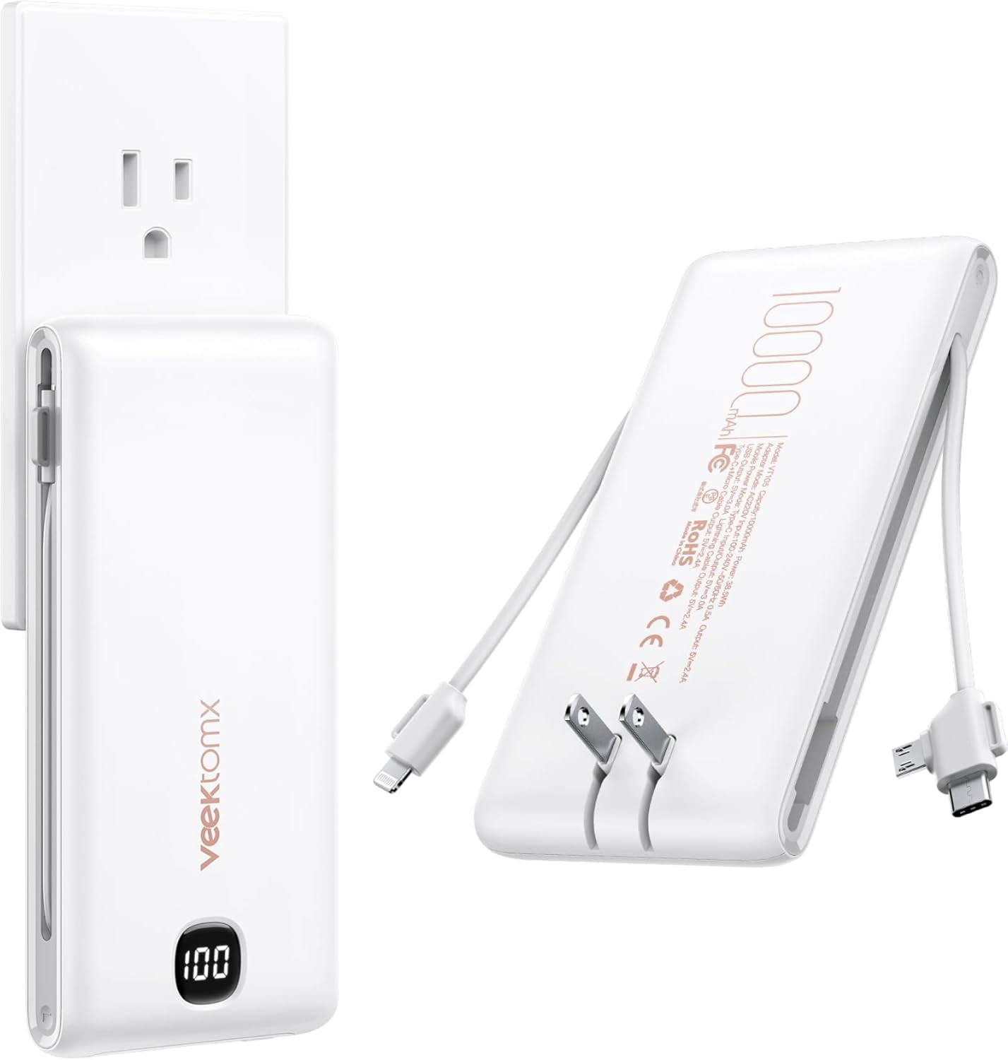 Portable Charger with Built in Cables 10000mAh Power Bank for iPhone AC Wall Plug Fast Charging USB C Slim Battery Pack LED Display Compatible 17/16/15 Samsung