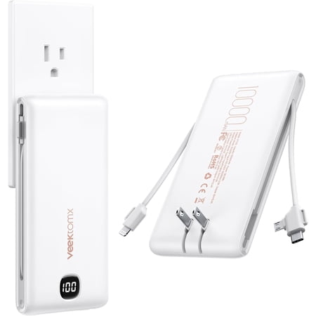 Portable Charger with Built in Cables 10000mAh Power Bank for iPhone AC Wall Plug Fast Charging USB C Slim Battery Pack LED Display Compatible 17/16/15 Samsung