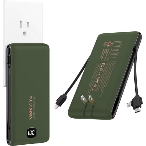 Portable Charger with Built in Cables 10000mAh, Power Bank for iPhone with Wall Plug, Travel Essential Fast Charging USB C Slim External Battery Pack for iPhone 17/16/15, Samsung, iPad, etc