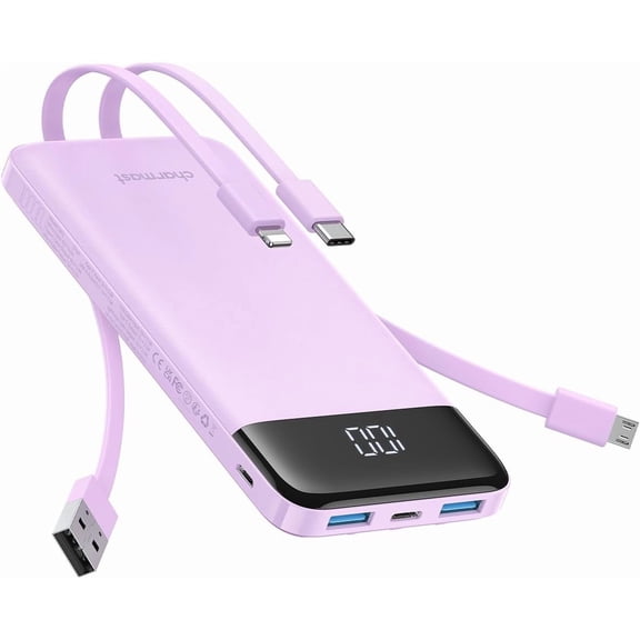 Portable Charger with Built in Cables, 10000mAh Slim Power Bank, 15W USB C in&Out Port High Speed Charging External Charger, Battery Pack Compatible with iPhone 16 15 13 Samsung Google iPad