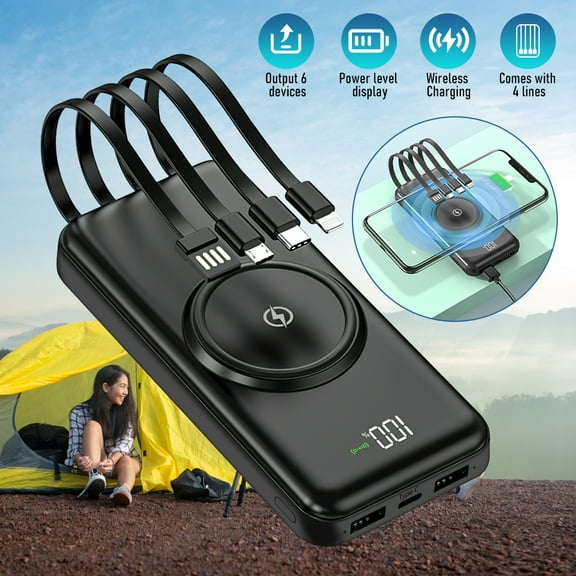 Portable Charger with Built in Cables, 10000mAh Slim USB C Power Bank,4 Output 2 Input LED Display External Battery Pack Phone Charger Compatible with iPhone,Samsung,Android