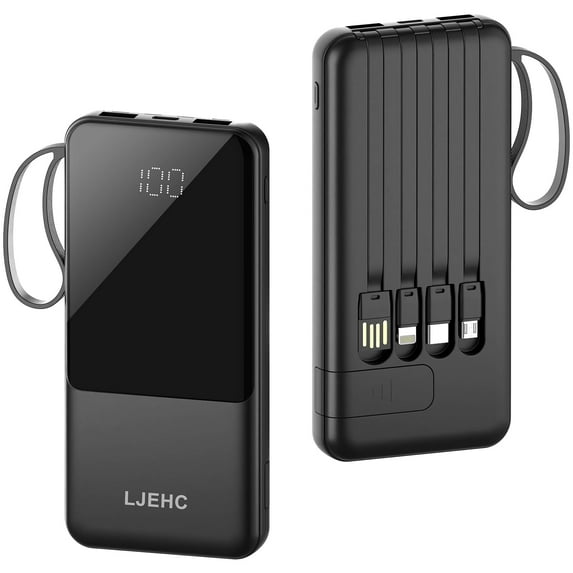 Portable Charger with Built in Cables,10000mAh Slim USB C Power Bank,5 ...