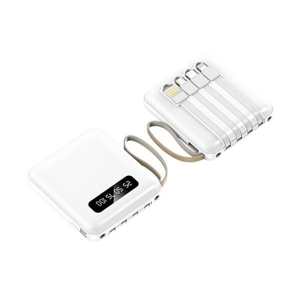 Portable Charger With Built In Cables, 6000mAh Mini Power Bank 4 Output 3 Input External Battery Pack, Phone Charger Smart Devices And Cell Phone, White