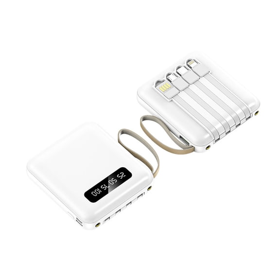 Portable Charger With Built In Cables, 6000mAh Mini Power Bank 4 Output 3 Input External Battery Pack, Phone Charger Smart Devices And Cell Phone, White
