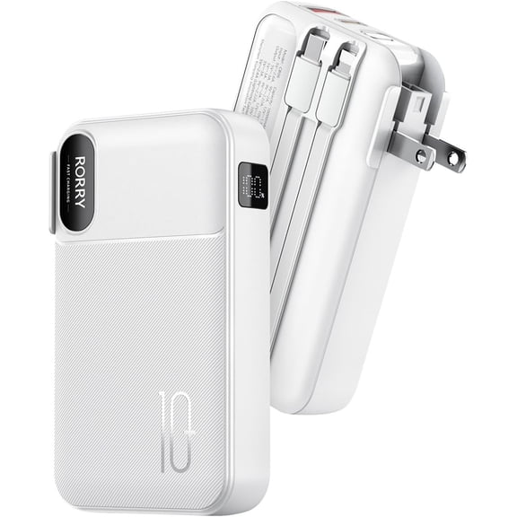 Portable Charger Built in Cables, AC Wall Plug In Portable Charger Power Bank 10000mAh Travel Battery Pack 22.5W Fast Charging for iPhone 17/16/15 Samsung Galaxy S25/S24/S23 Pixel LG iPad, White