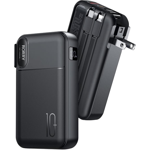 Portable Charger Built in Cables, AC Wall Plug In Portable Charger Power Bank 10000mAh Travel Battery Pack 22.5W Fast Charging for iPhone 17/16/15 Samsung Galaxy S25/S24/S23 Pixel LG iPad, Black