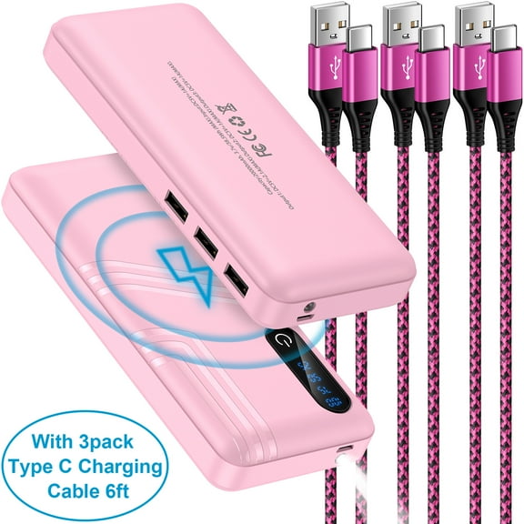 Portable Charger with Built in Cables,HopePow 20000mAh Power Banks for Cell Phones 3 USB 3 Inputs Type C Fast Charging Cable 6ft Portable Charger Power Bank Compatible with Samsung,Android,Pink