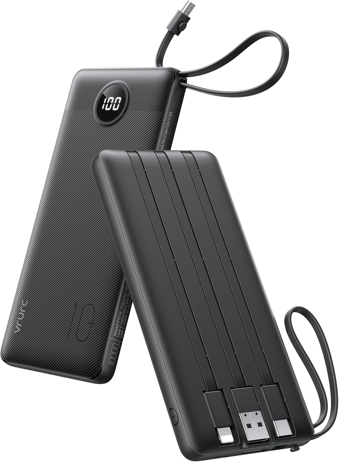 Portable Charger with Built in Cables, Slim Power Bank 10000mAh, USB C Travel Battery Pack, 5 Output 2 Input External Charging for iPhone 17 16 15 14 13,,Android-(1 Pack)