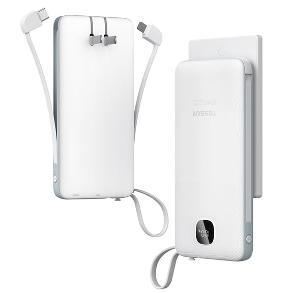 Portable Charger with Built in Cables,TESSAN 10000mAh Power Bank Fast Charging with Foldable Wall Plug Charger, PD20W Compact Battery Pack Travel Essentials for iPhone 17/16/15 Series,Samsung,Tablets