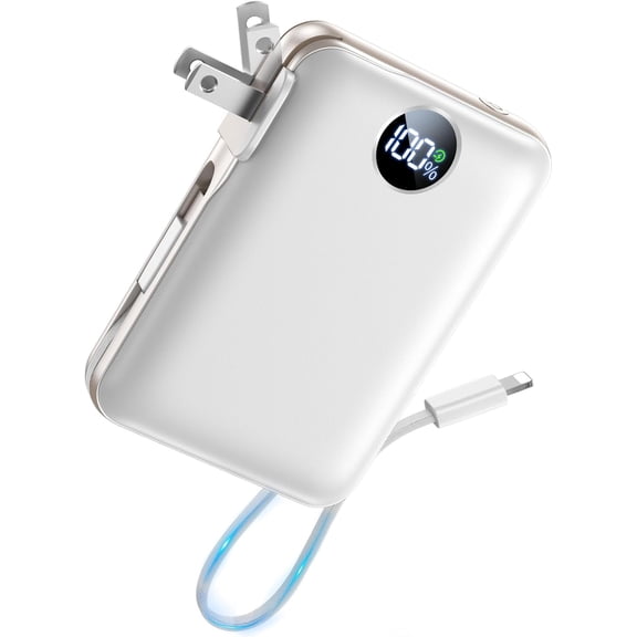 Portable Charger with Built in Cables & Wall Plug,10000mAh Power Bank, 4 Outputs,22.5W USB C Fast Charging,Slim Travel Essential Battery Pack LED Display for iPhone 17/16/15/14 Series,White
