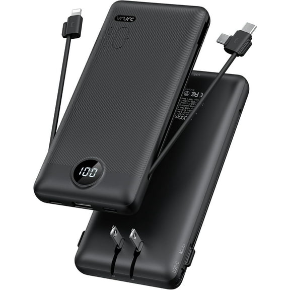 Portable Charger with Built-in AC Plug and Cables, All in One 10000mAh Ultra Slim Power Bank Travel Essentials, 15W Fast Charging Battery Pack Compatible with iPhone, Samsung, Android (White)