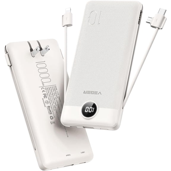 Portable Charger with Built-in AC Plug and Cables, All in One 10000mAh Ultra Slim Power Bank Travel Essentials, Fast Charging Battery Pack Compatible with iPhone, Samsung, Android (Coffee)