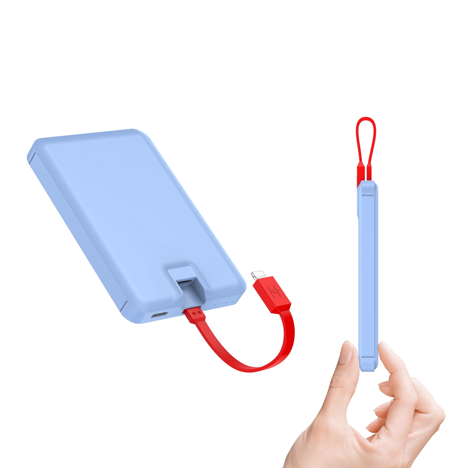 Portable Charger with Built-in Cable for iPhone, 5000mAh Small Power Bank, External Battery Pack Compatible with iPhone 7/8/X/11/12/13/14 Series, iPad, AirPods and etc (Blue)