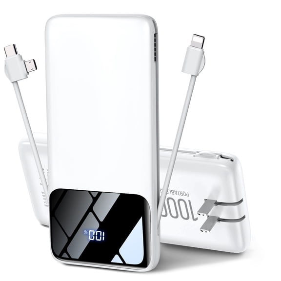 Portable Charger with Built-in Cables and AC Wall Plug, 10000mAh Slim USB-C Battery Pack, 15W Fast Charging Travel Essential Portable Phone Charger Compatible with iPhone, Samsun, Android，White