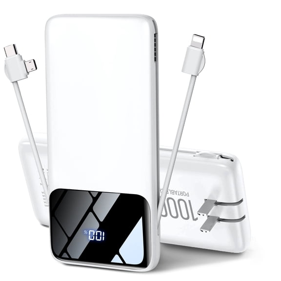Portable Charger with Built-in Cables and AC Wall Plug, 10000mAh Slim USB-C Battery Pack, 15W Fast Charging Travel Essential Portable Phone Charger Compatible with iPhone, Samsun, Android,White