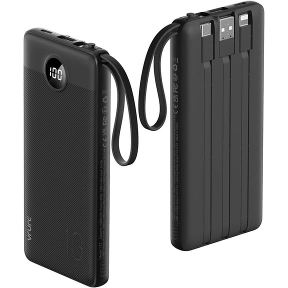 Portable Charger with Built-in Cables&AC Wall Plug,Slim 10000mAh 22.5W Fast Charging Power Bank,5 Output 2 Input USB-C External Battery Pack Compatible with iPhones,Samsung,Android, etc