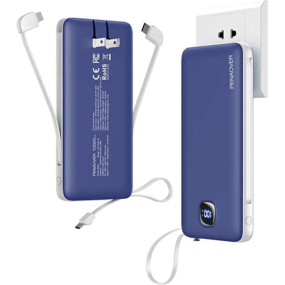 Portable Charger with Built-in Cables&AC Wall Plug,Slim 10000mAh 22.5W Fast Charging Power Bank,5 Output 2 Input USB-C External Battery Pack Compatible with iPhones,Samsung,Android, etc